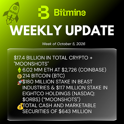 Bitmine Immersion Technologies (BMNR) Announces ETH Holdings Reach 6.02 Million Tokens, and Total Crypto and Total Cash & Marketable Securities Holdings of .4 Billion